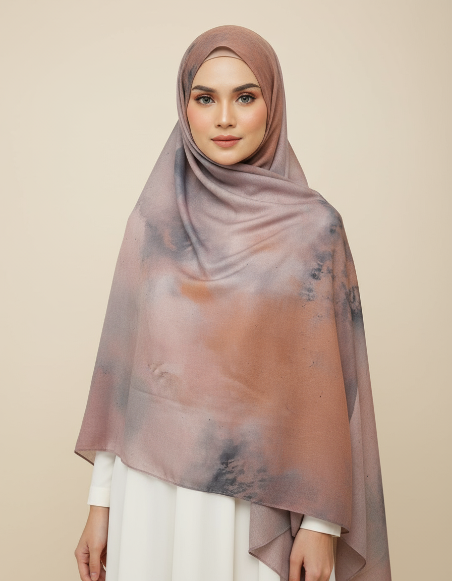 HJ01 Muslim Hijab Scarf - Soft Modal Ink Print Headscarf for Women | Breathable Lightweight Shawl