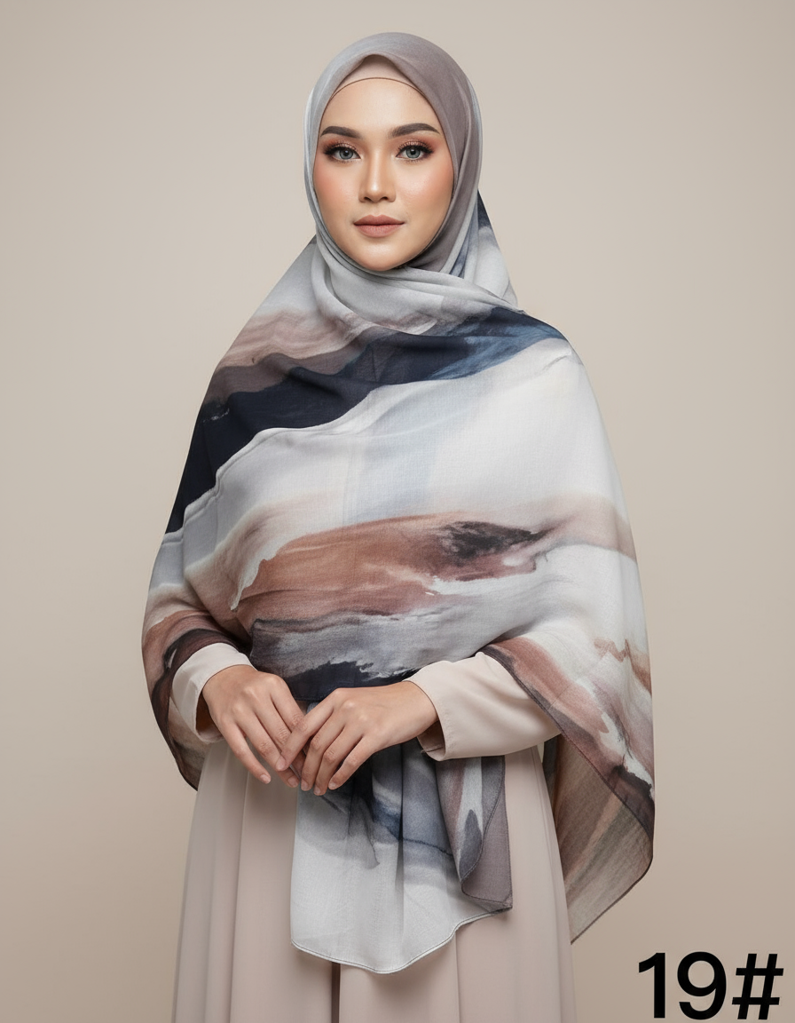 HJ04 Premium Modal Hijab Scarf - Elegant Ink Print Shawl Women