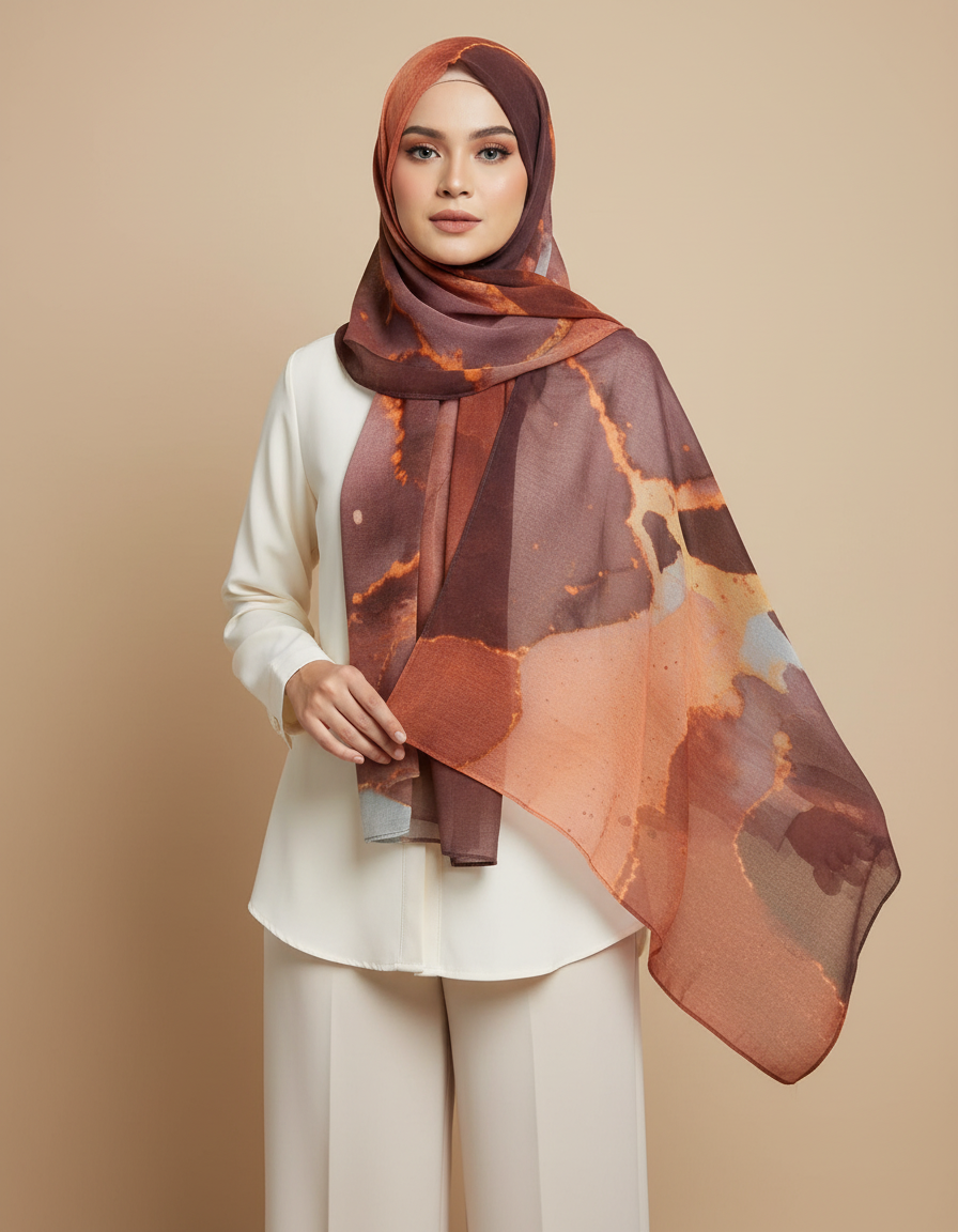 HJ04 Premium Modal Hijab Scarf - Elegant Ink Print Shawl Women