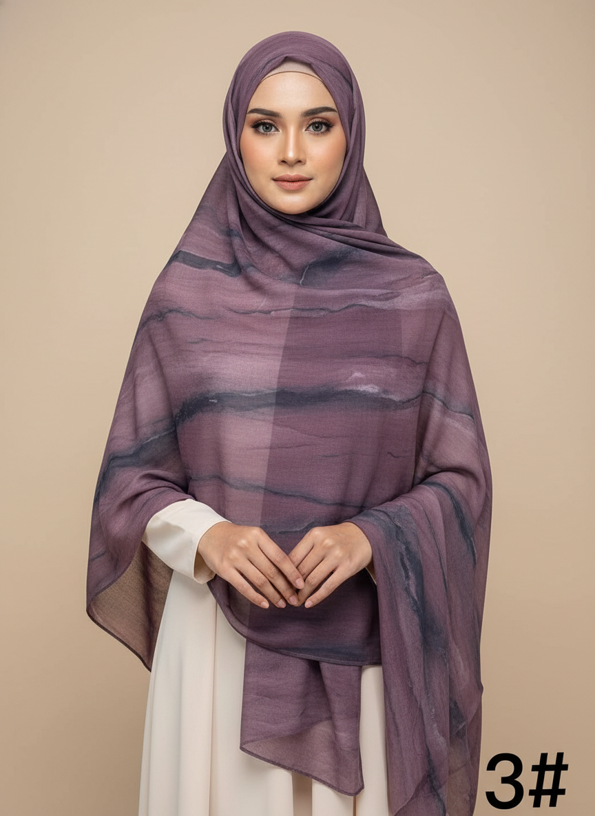 HJ01 Muslim Hijab Scarf - Soft Modal Ink Print Headscarf for Women | Breathable Lightweight Shawl