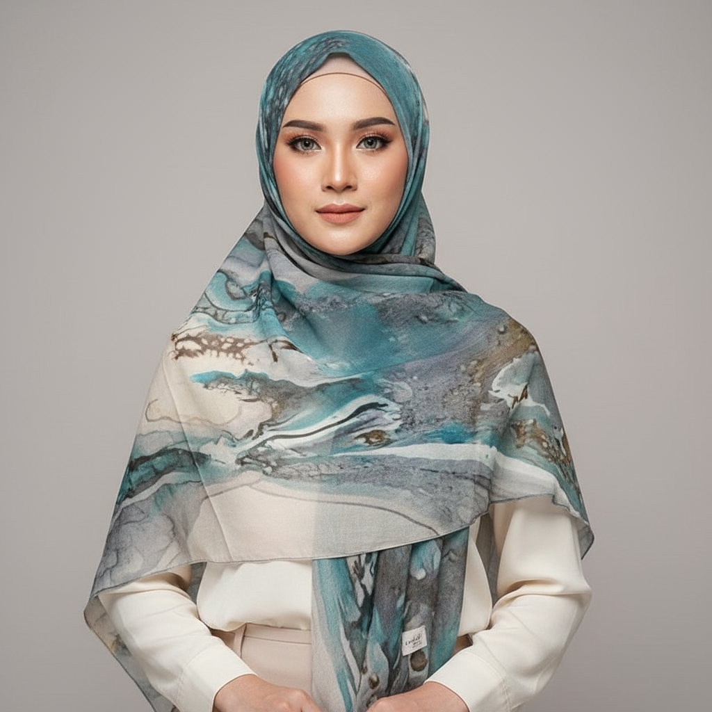 HJ01 Muslim Hijab Scarf - Soft Modal Ink Print Headscarf for Women | Breathable Lightweight Shawl