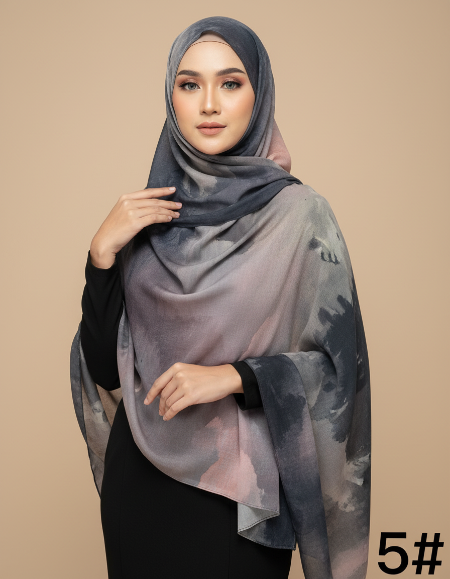 HJ01 Muslim Hijab Scarf - Soft Modal Ink Print Headscarf for Women | Breathable Lightweight Shawl