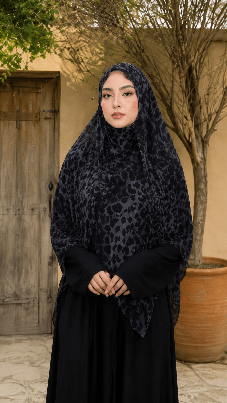 RY141 Slate Blue Black Leopard Print Hijab Shawl – Dark Animal Women's Head Scarf (80×180cm) - Raya