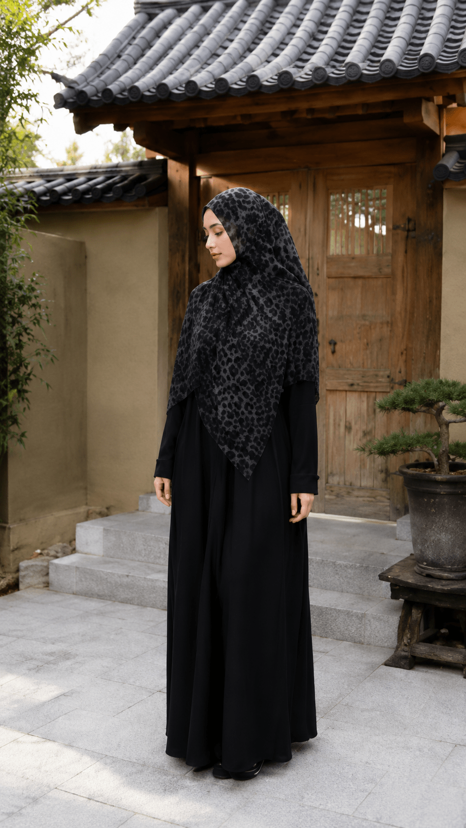 RY141 Slate Blue Black Leopard Print Hijab Shawl – Dark Animal Women's Head Scarf (80×180cm) - Raya