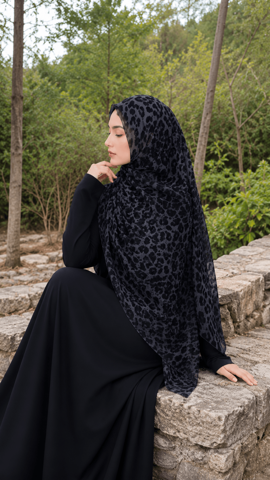 RY141 Slate Blue Black Leopard Print Hijab Shawl – Dark Animal Women's Head Scarf (80×180cm) - Raya