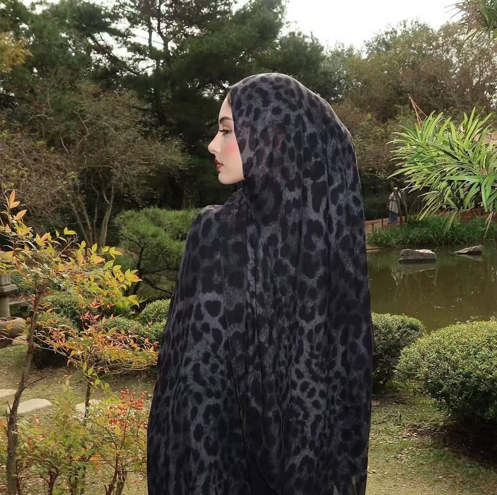 RY141 Slate Blue Black Leopard Print Hijab Shawl – Dark Animal Women's Head Scarf (80×180cm) - Raya