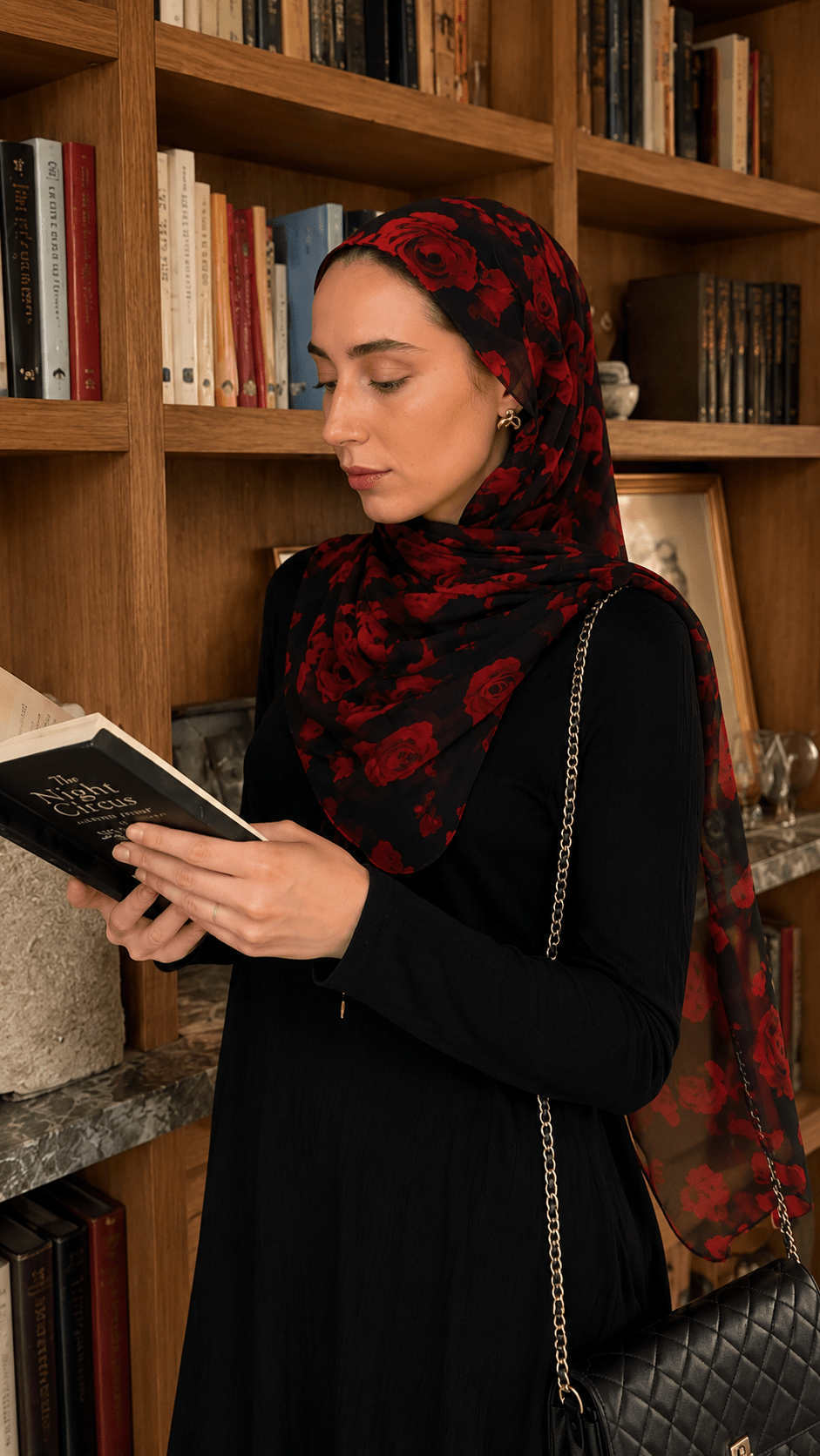 RY143 Black Red Rose Floral Hijab Shawl – Bold Botanical Women's Head Scarf (80×180cm) - Raya