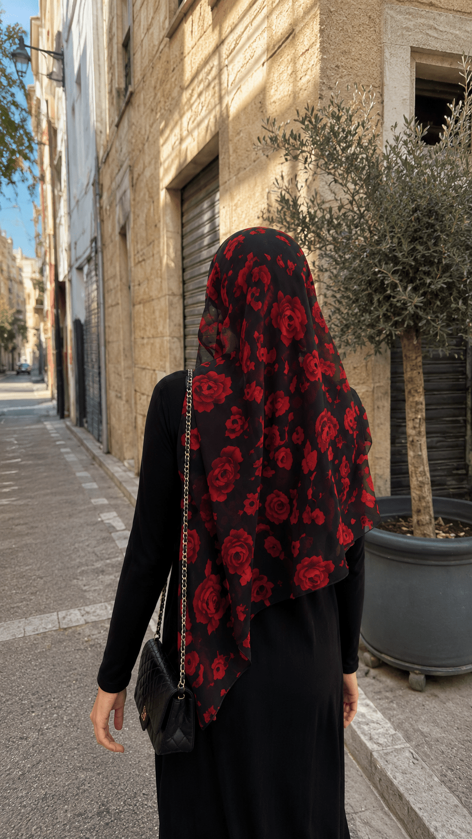 RY143 Black Red Rose Floral Hijab Shawl – Bold Botanical Women's Head Scarf (80×180cm) - Raya