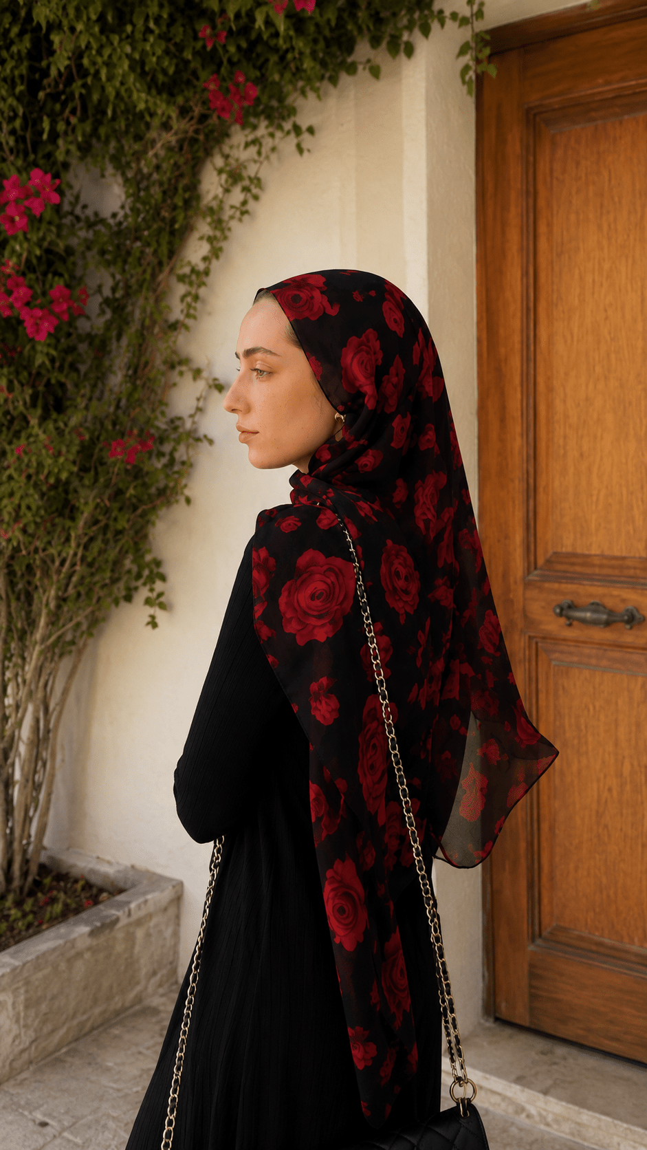 RY143 Black Red Rose Floral Hijab Shawl – Bold Botanical Women's Head Scarf (80×180cm) - Raya