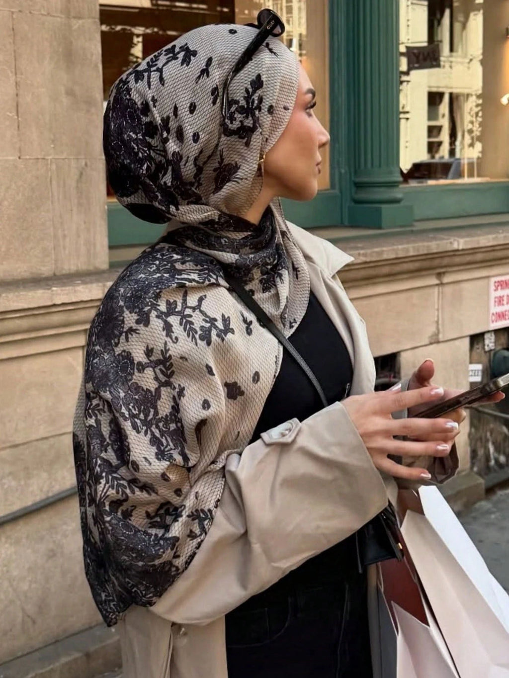 RY145 Cream Black Lace Floral Embroidery Hijab Shawl – French Lace Women's Head Scarf (80×180cm) - Raya