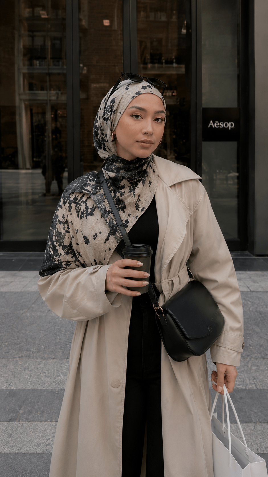 RY145 Cream Black Lace Floral Embroidery Hijab Shawl – French Lace Women's Head Scarf (80×180cm) - Raya