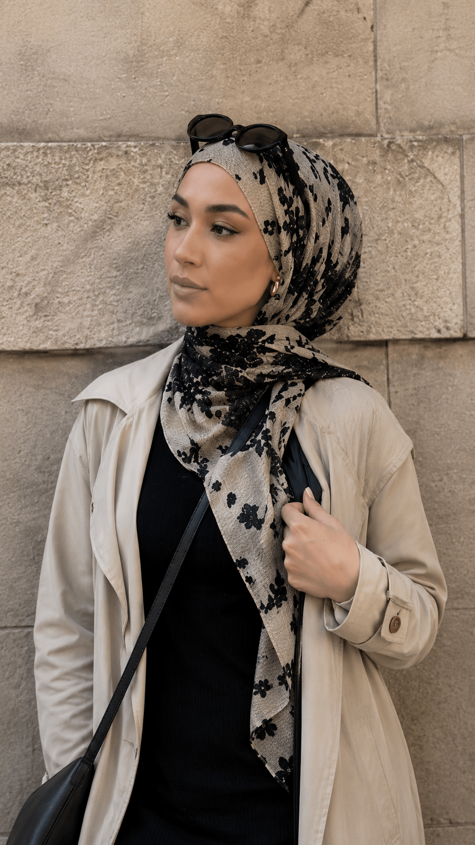 RY145 Cream Black Lace Floral Embroidery Hijab Shawl – French Lace Women's Head Scarf (80×180cm) - Raya