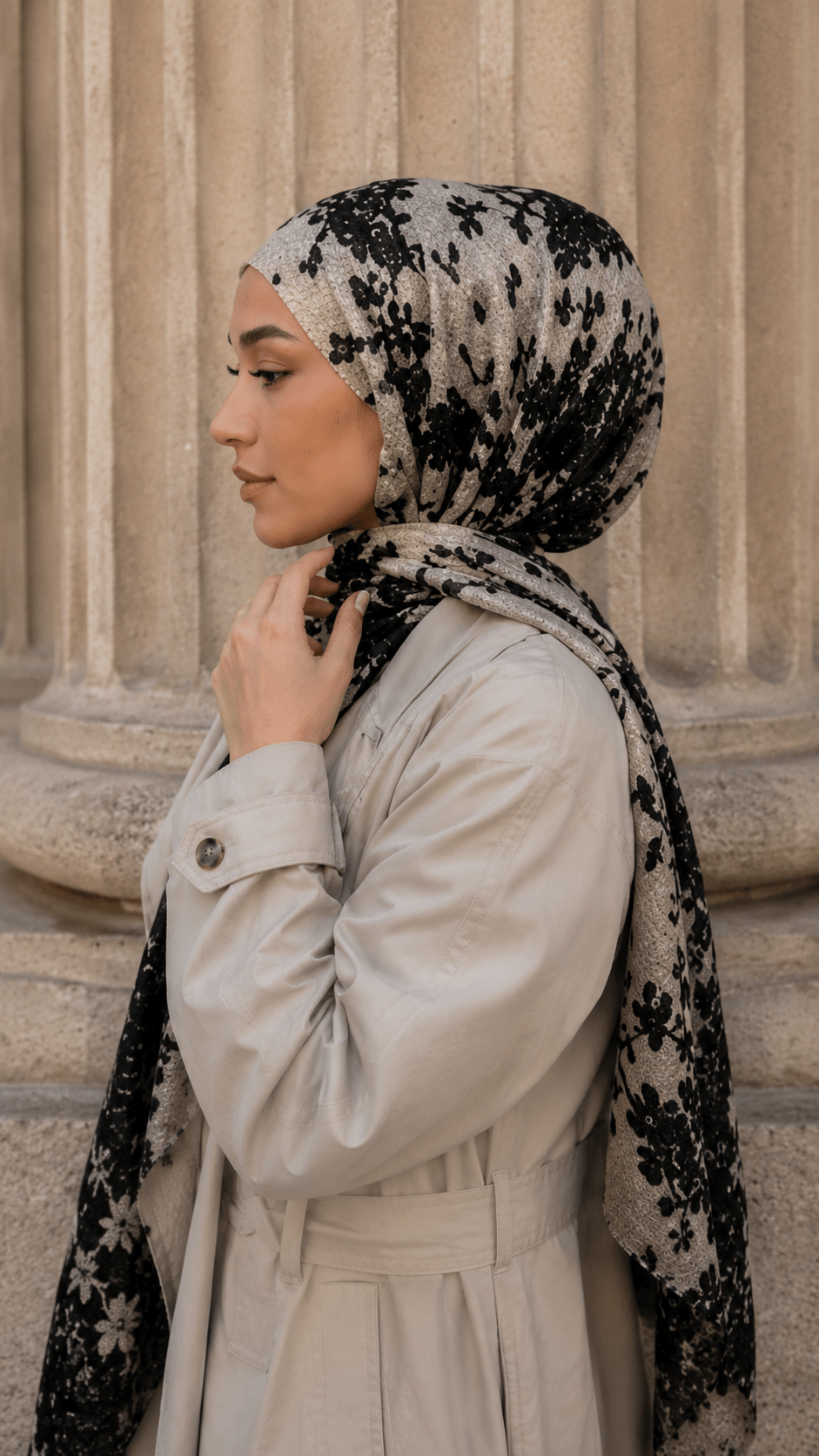 RY145 Cream Black Lace Floral Embroidery Hijab Shawl – French Lace Women's Head Scarf (80×180cm) - Raya