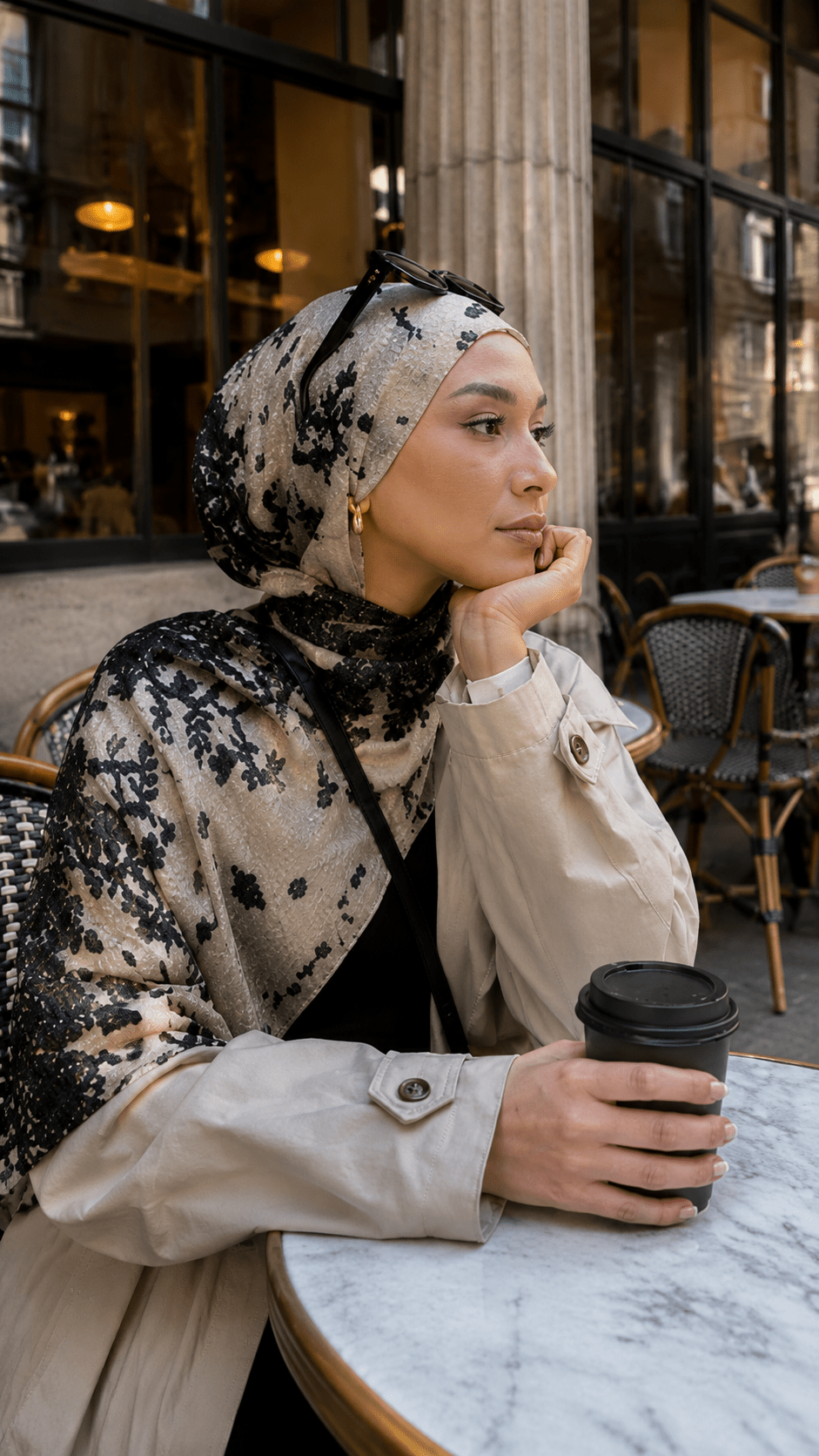 RY145 Cream Black Lace Floral Embroidery Hijab Shawl – French Lace Women's Head Scarf (80×180cm) - Raya