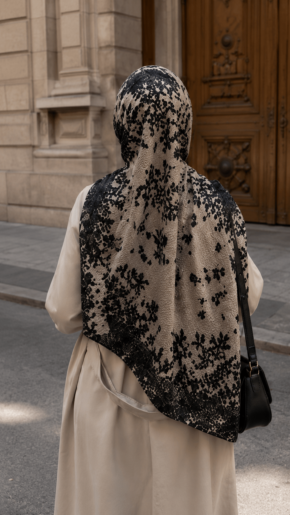 RY145 Cream Black Lace Floral Embroidery Hijab Shawl – French Lace Women's Head Scarf (80×180cm) - Raya