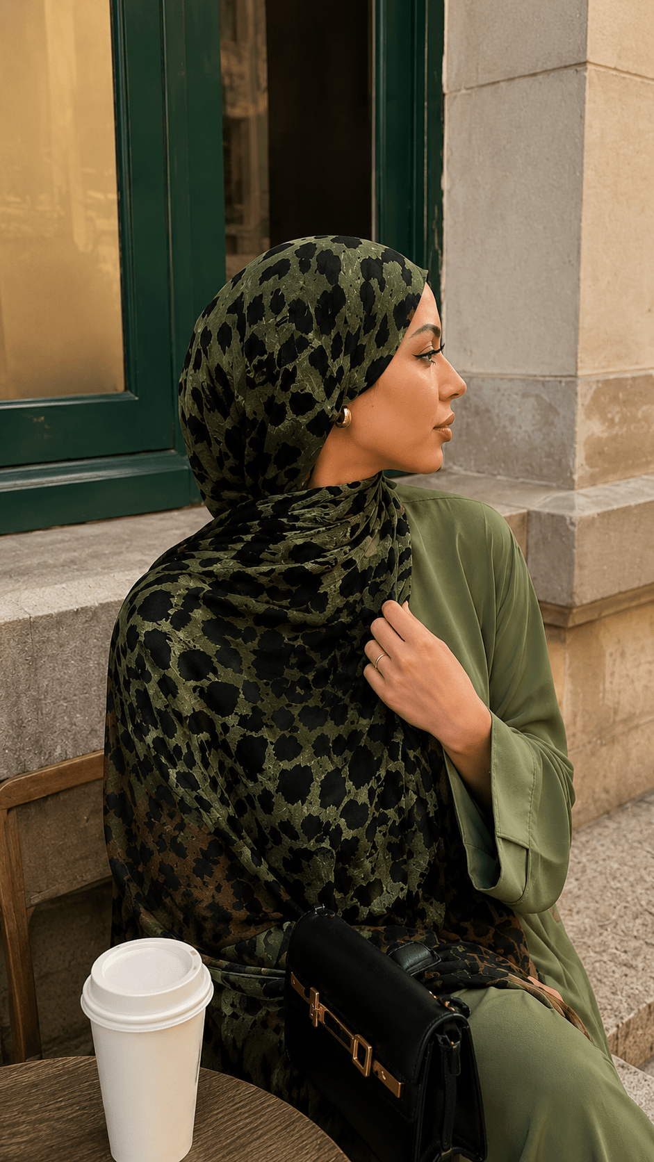 RY146 Olive Green Black Jungle Leopard Print Hijab Shawl – Camo Animal Women's Head Scarf (80×180cm) - Raya