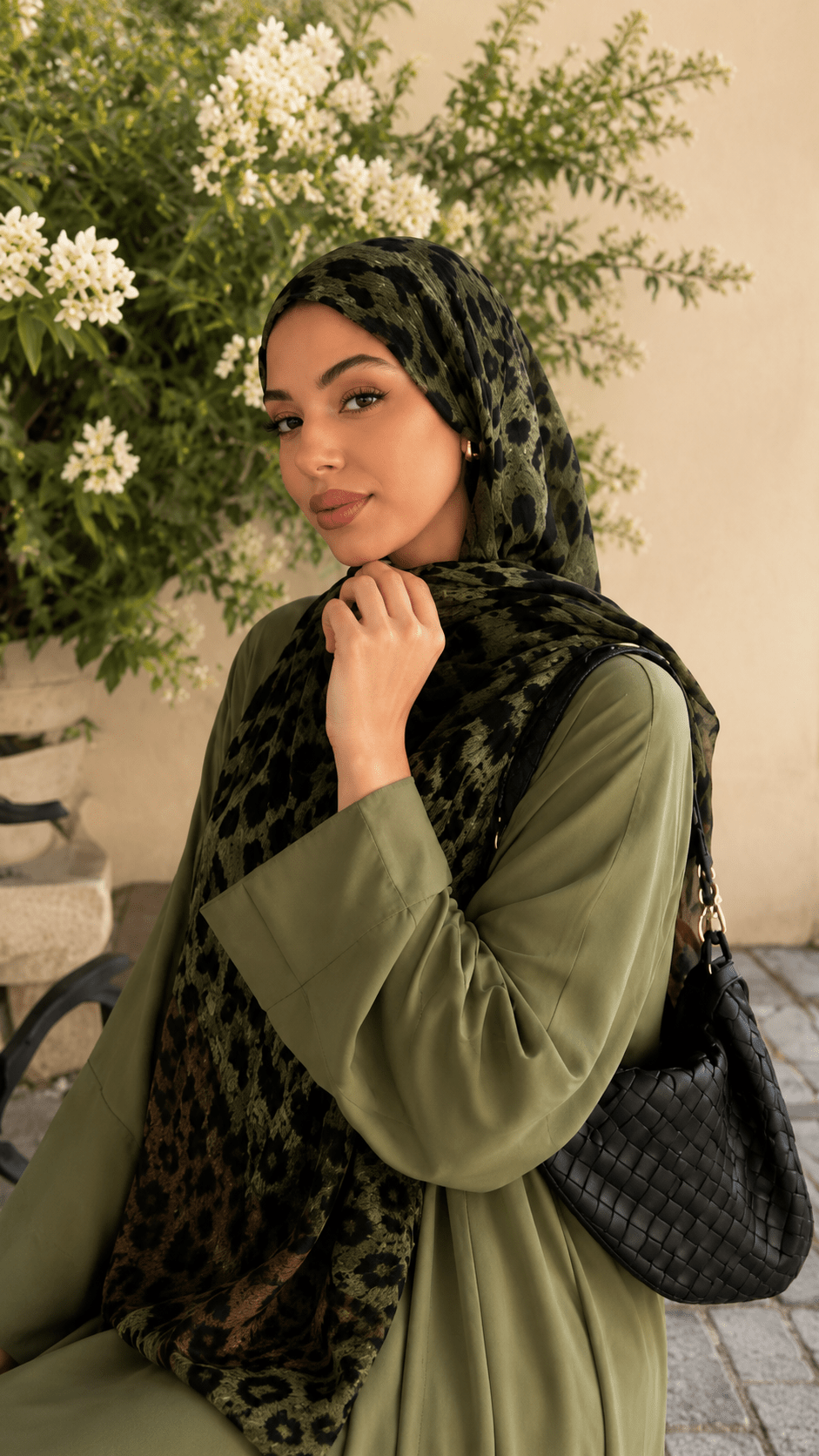 RY146 Olive Green Black Jungle Leopard Print Hijab Shawl – Camo Animal Women's Head Scarf (80×180cm) - Raya