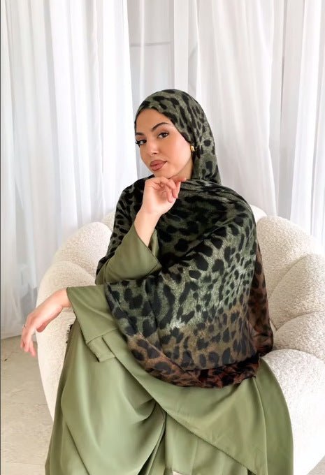 RY146 Olive Green Black Jungle Leopard Print Hijab Shawl – Camo Animal Women's Head Scarf (80×180cm) - Raya