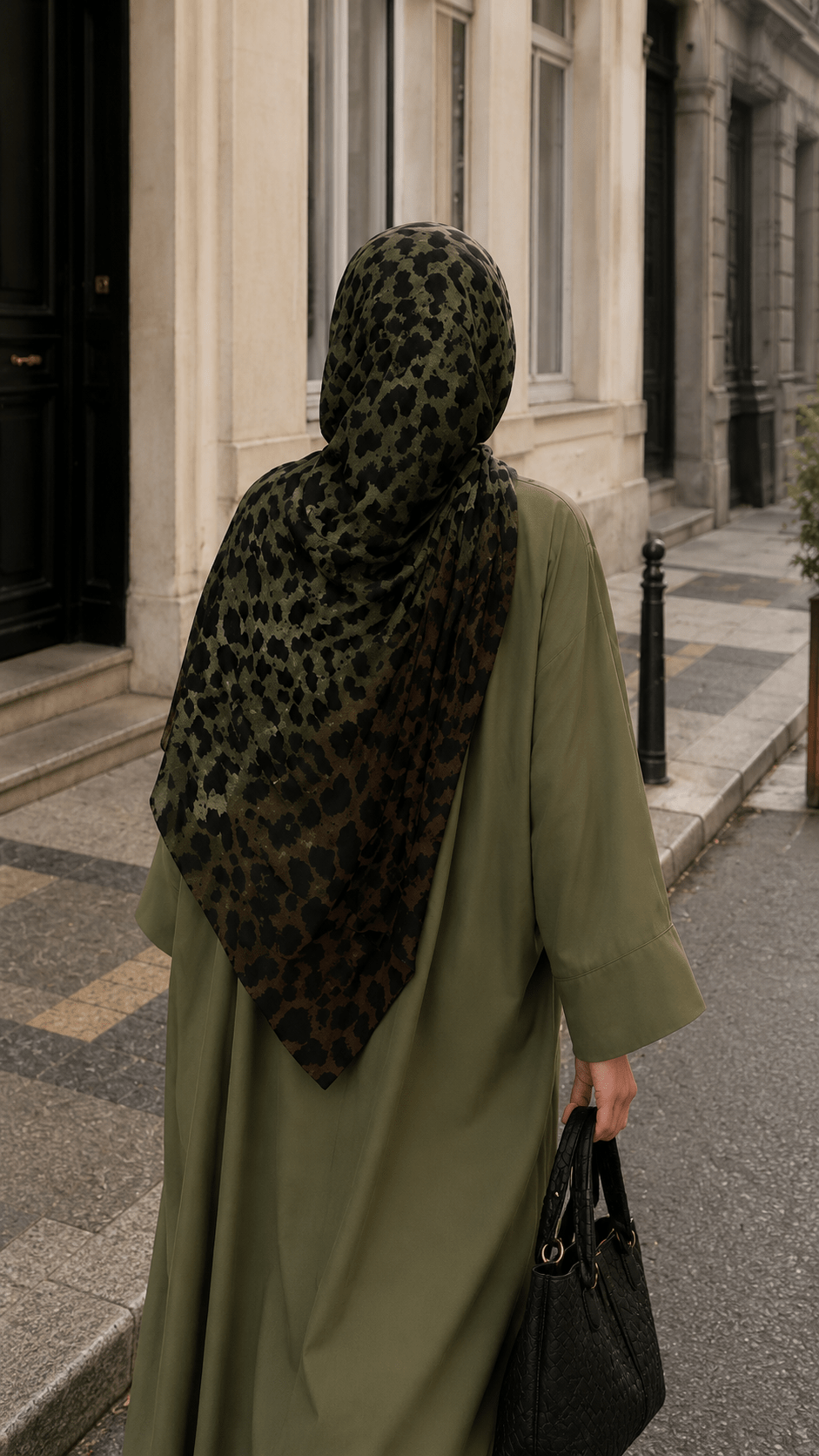 RY146 Olive Green Black Jungle Leopard Print Hijab Shawl – Camo Animal Women's Head Scarf (80×180cm) - Raya