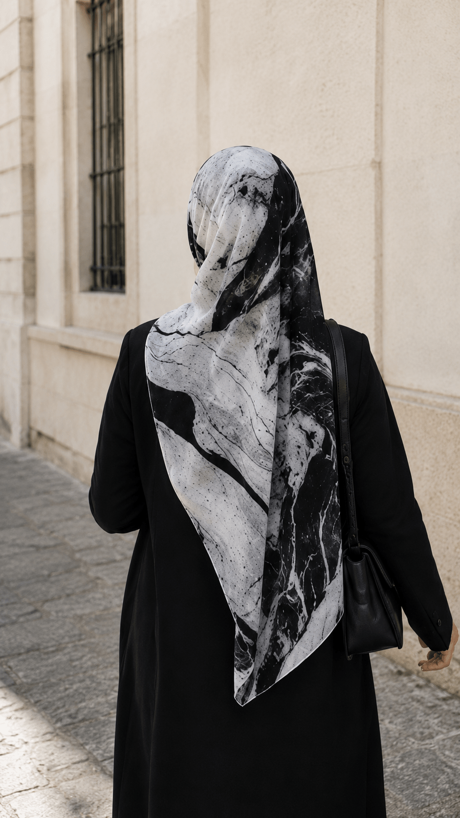 RY148 Black White Marble Crackle Vein Hijab Shawl – Ink Stone Women's Head Scarf (80×180cm) - Raya
