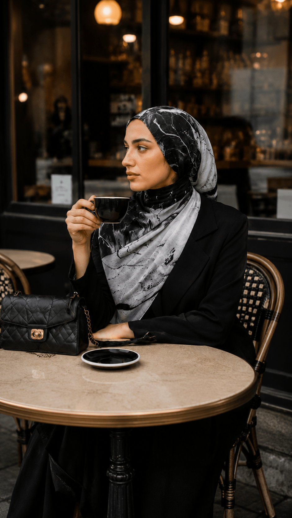 RY148 Black White Marble Crackle Vein Hijab Shawl – Ink Stone Women's Head Scarf (80×180cm) - Raya