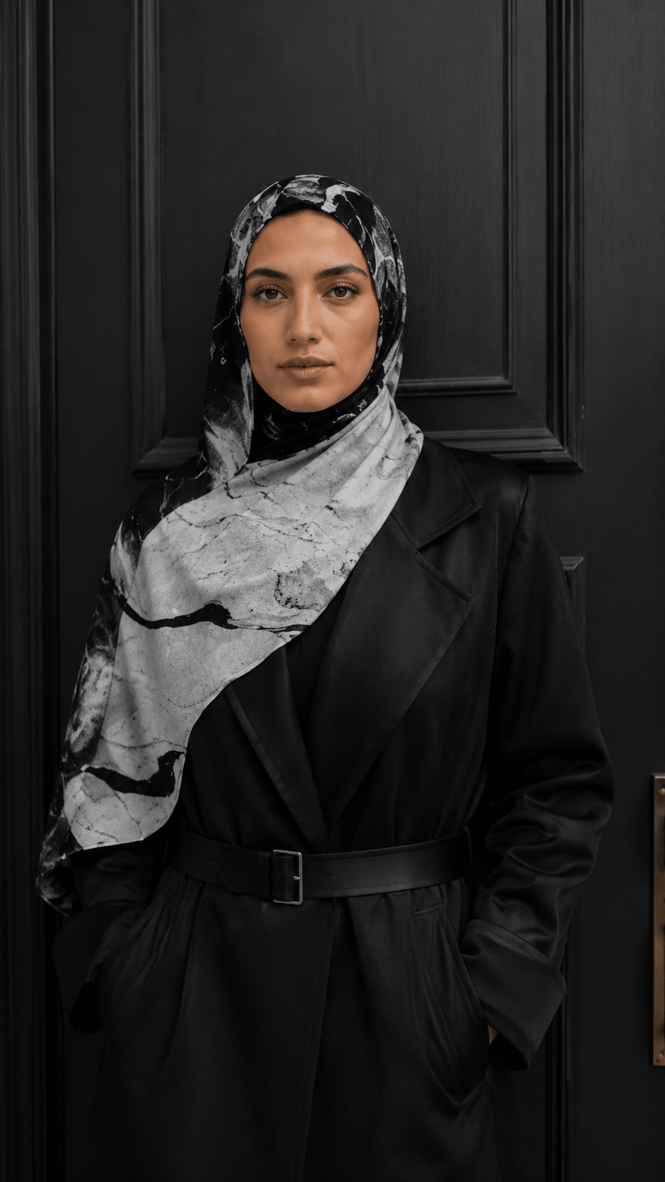 RY148 Black White Marble Crackle Vein Hijab Shawl – Ink Stone Women's Head Scarf (80×180cm) - Raya