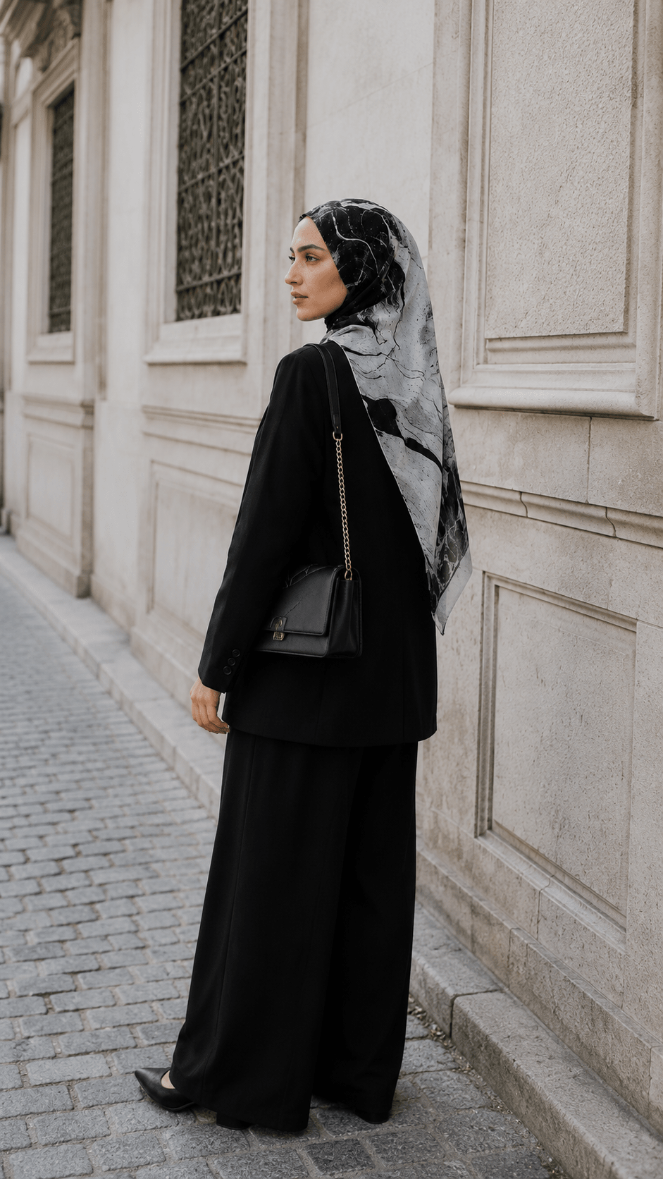 RY148 Black White Marble Crackle Vein Hijab Shawl – Ink Stone Women's Head Scarf (80×180cm) - Raya