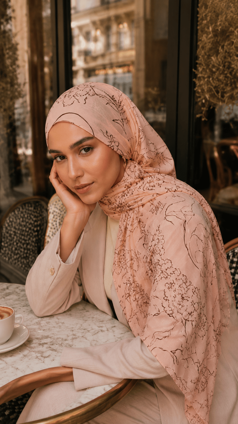 RY150 Nude Pink Brown Peony Line Art Hijab Shawl – Botanical Sketch Women's Head Scarf (80×180cm) - Raya