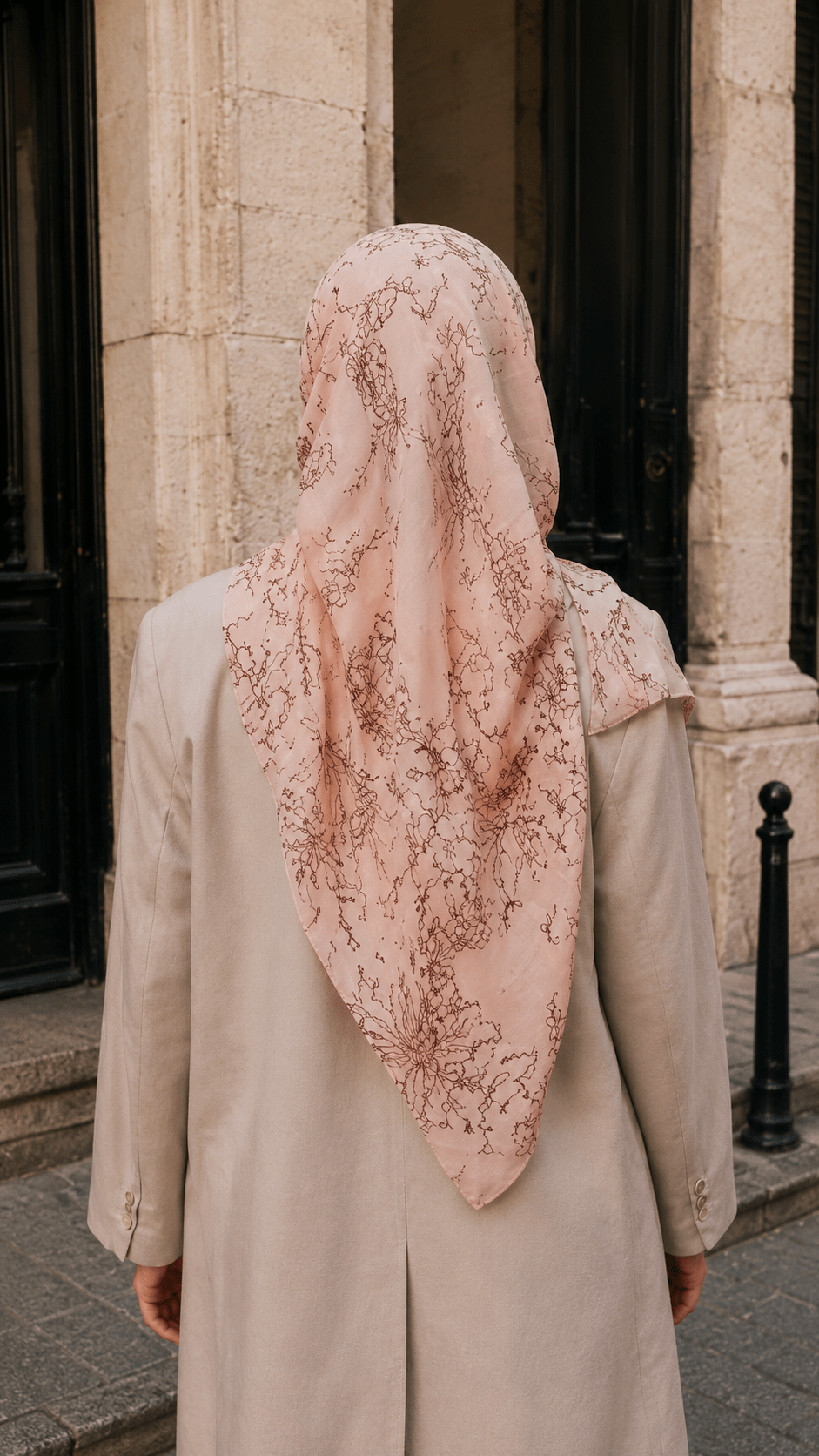 RY150 Nude Pink Brown Peony Line Art Hijab Shawl – Botanical Sketch Women's Head Scarf (80×180cm) - Raya