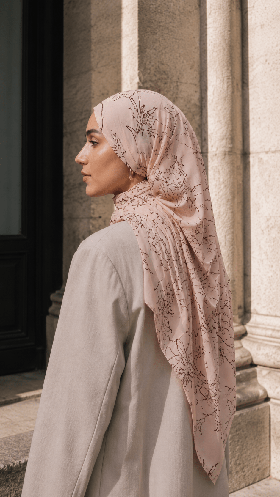 RY150 Nude Pink Brown Peony Line Art Hijab Shawl – Botanical Sketch Women's Head Scarf (80×180cm) - Raya