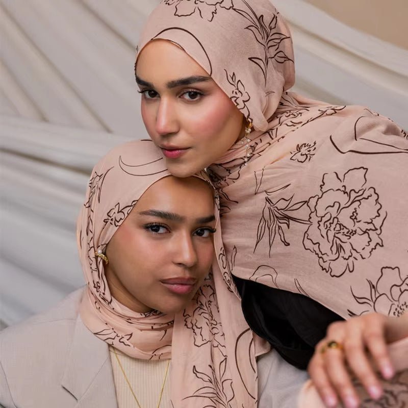 RY150 Nude Pink Brown Peony Line Art Hijab Shawl – Botanical Sketch Women's Head Scarf (80×180cm) - Raya
