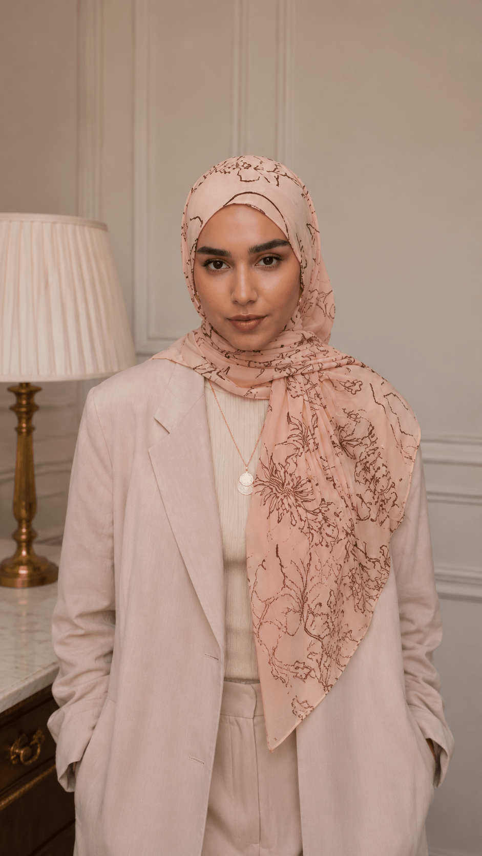 RY150 Nude Pink Brown Peony Line Art Hijab Shawl – Botanical Sketch Women's Head Scarf (80×180cm) - Raya