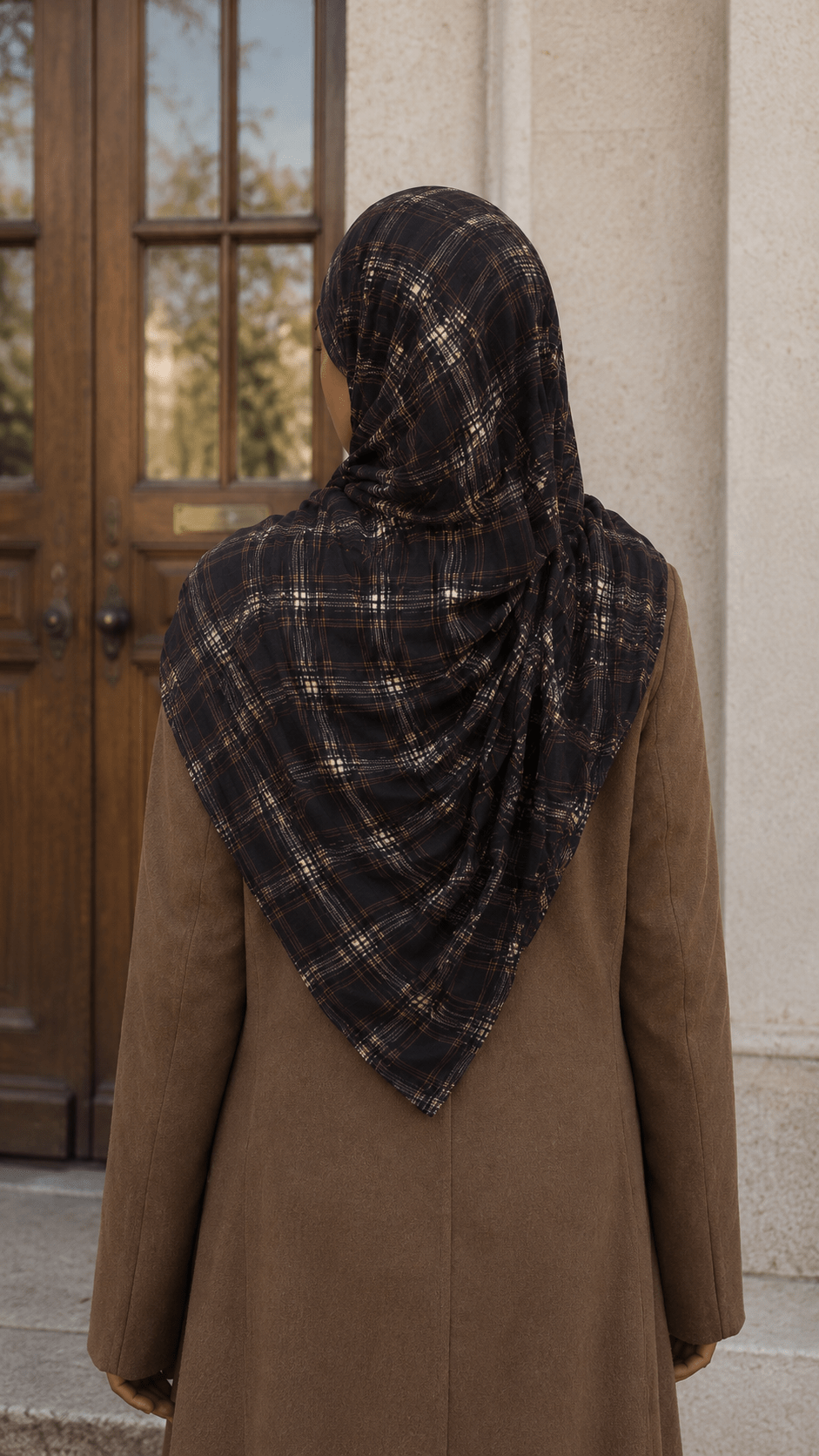 RY157 Dark Grey Blue Brown Tartan Plaid Hijab Shawl – British Check Women's Head Scarf (80×180cm) - Raya