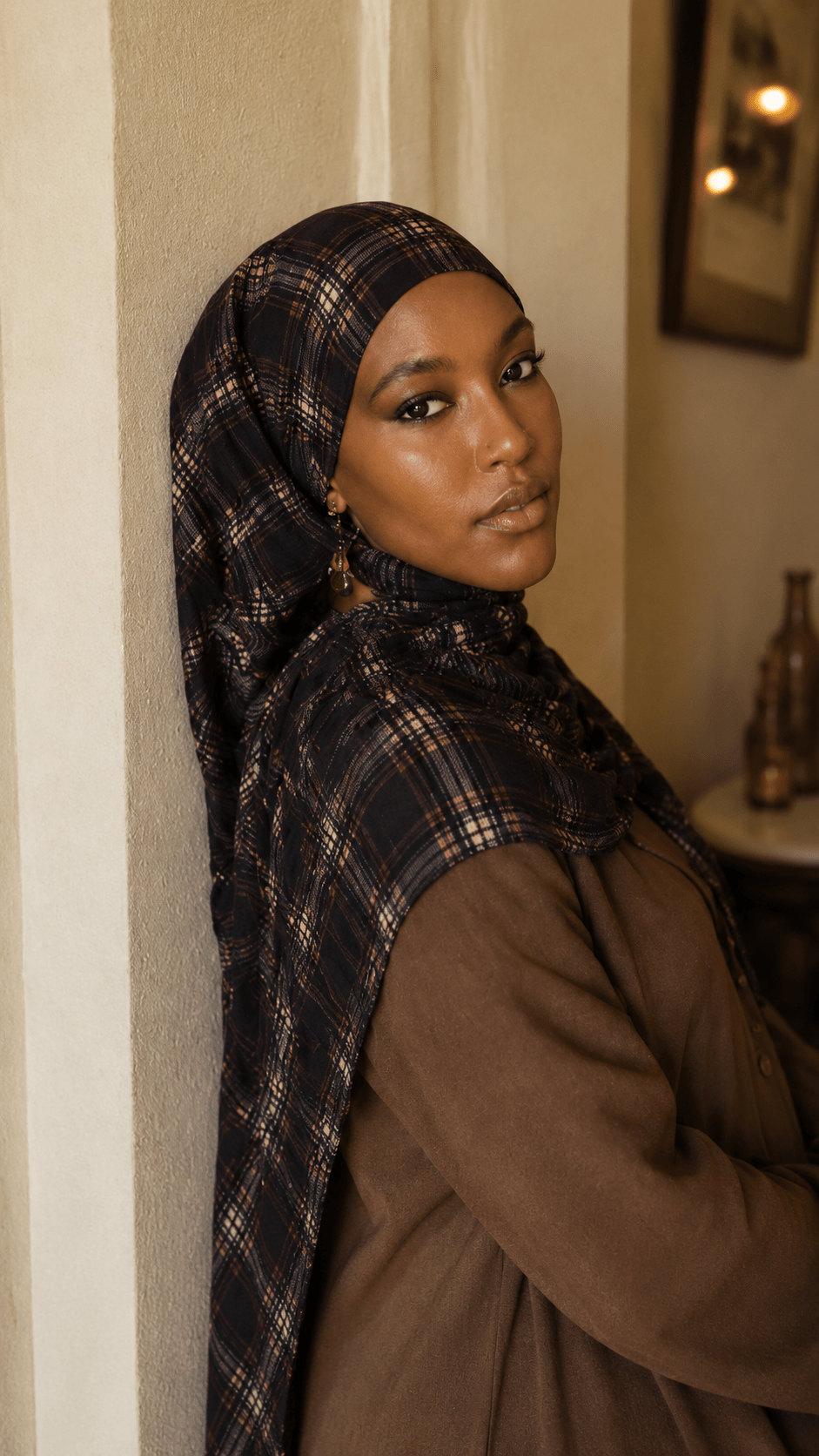 RY157 Dark Grey Blue Brown Tartan Plaid Hijab Shawl – British Check Women's Head Scarf (80×180cm) - Raya