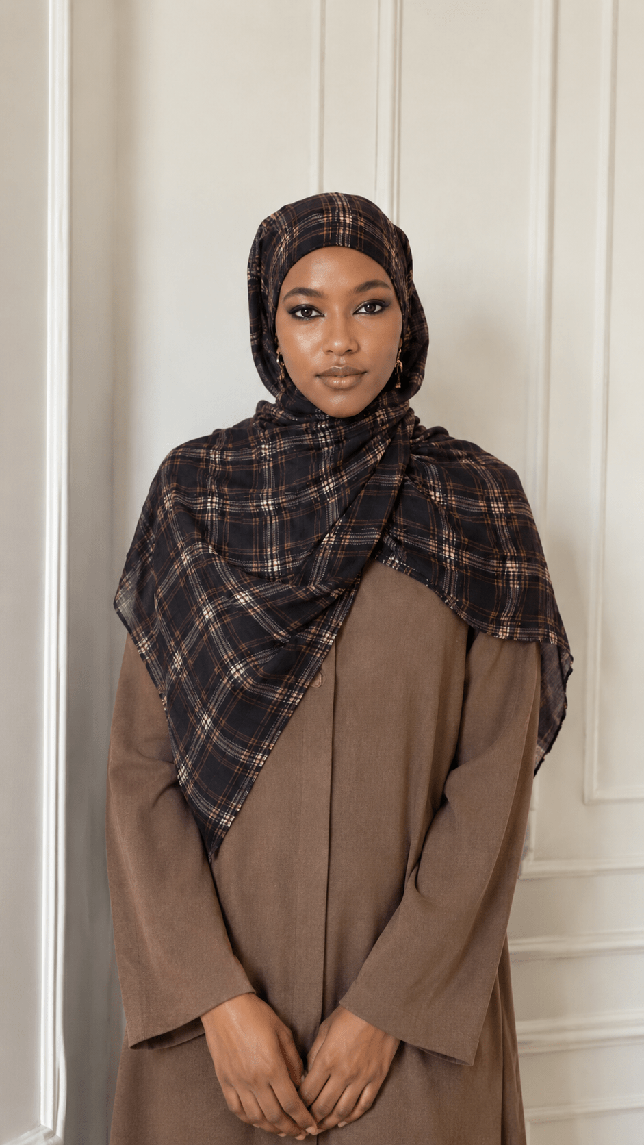 RY157 Dark Grey Blue Brown Tartan Plaid Hijab Shawl – British Check Women's Head Scarf (80×180cm) - Raya