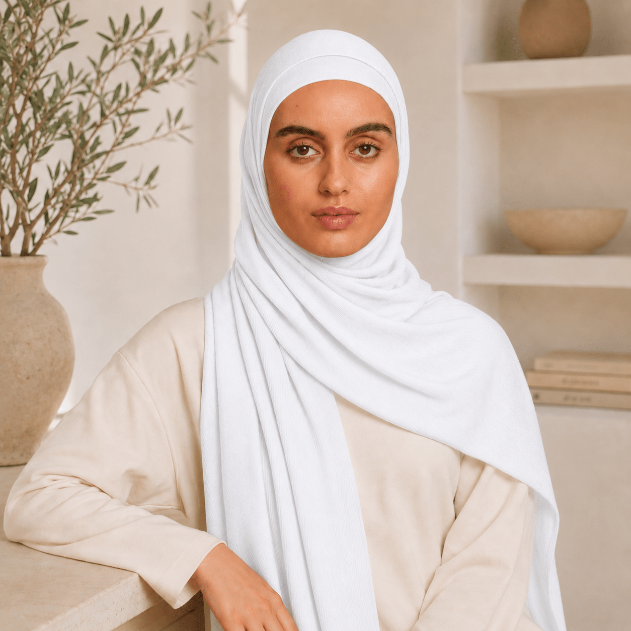 RY216 White Bamboo Jersey Ribbed Hijab Scarf – Soft Stretch Breathable Headscarf - Raya