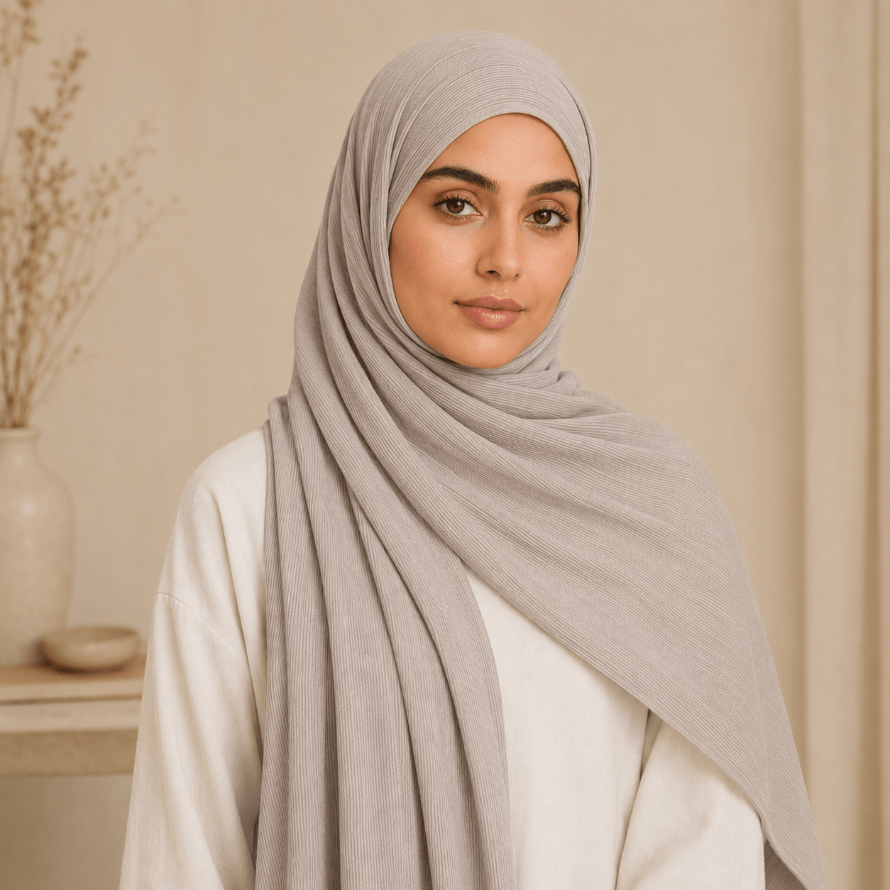 RY219 Stone Grey Cotton Ribbed Jersey Hijab Scarf – Soft Stretch Breathable Headscarf - Raya