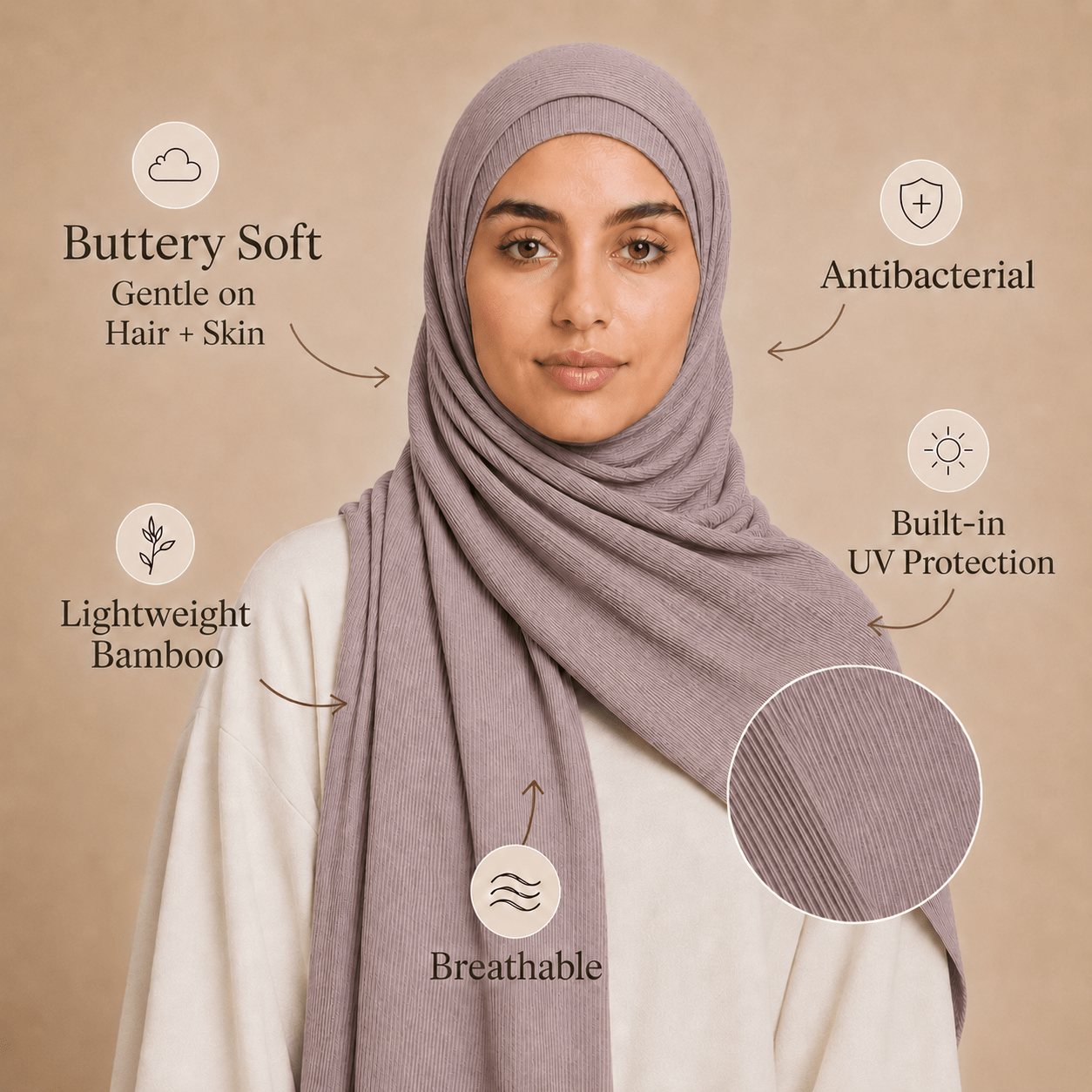 RY225 Mauve Taupe Cotton Ribbed Jersey Hijab Scarf – Soft Stretch Breathable Headscarf - Raya