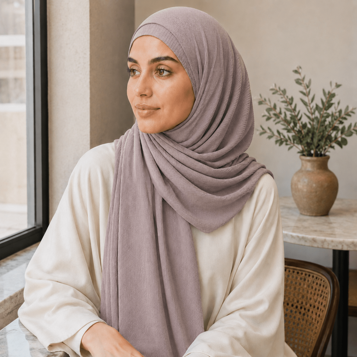 RY225 Mauve Taupe Cotton Ribbed Jersey Hijab Scarf – Soft Stretch Breathable Headscarf - Raya