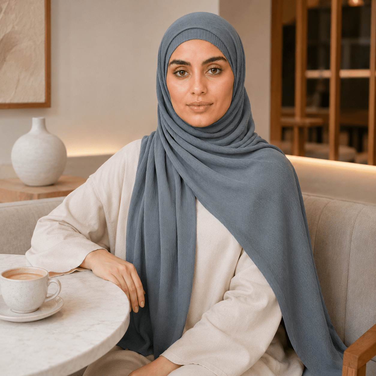 RY230 Slate Blue Grey Cotton Ribbed Jersey Hijab Scarf – Soft Stretch Breathable Headscarf - Raya