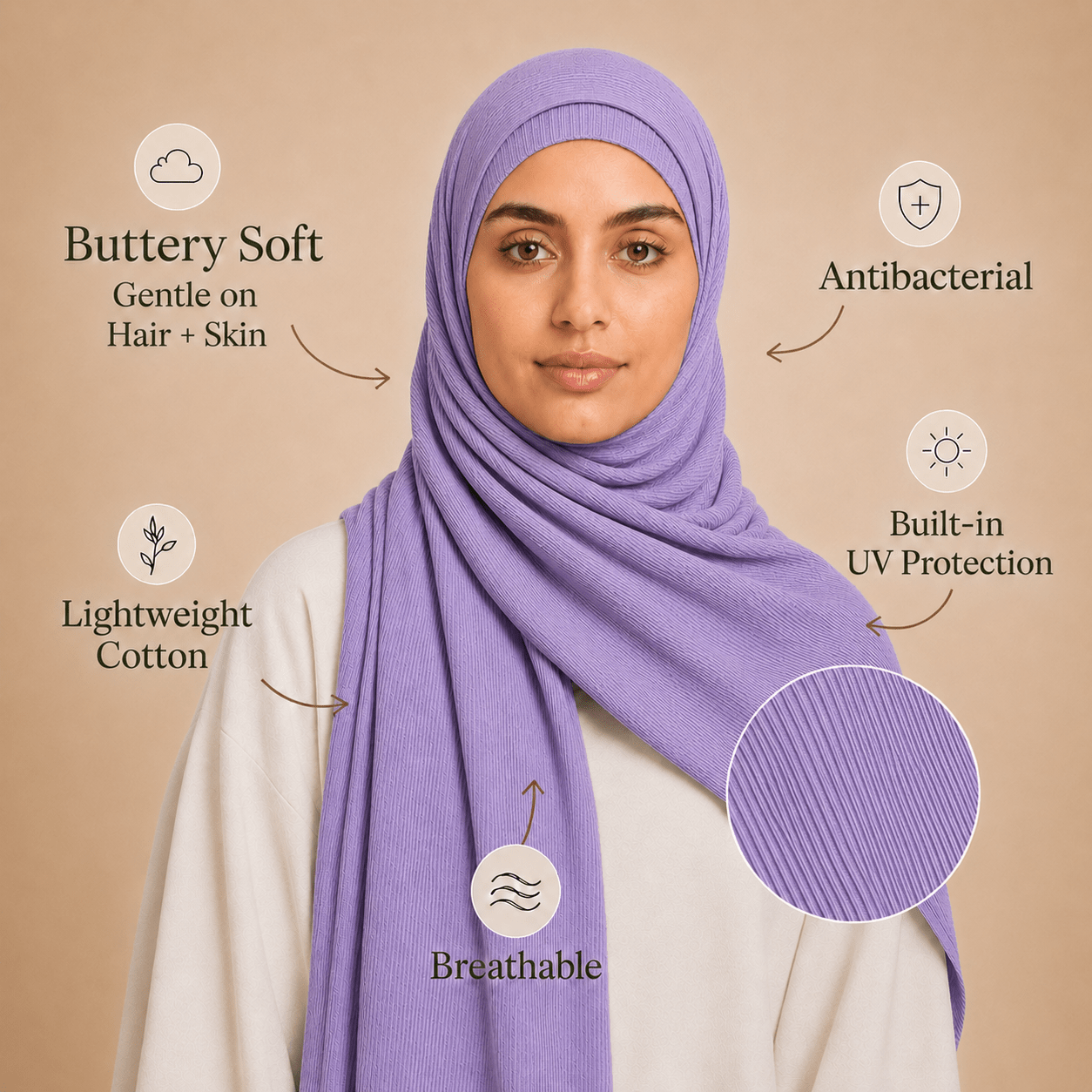 RY233 Lavender Purple Cotton Ribbed Jersey Hijab Scarf – Soft Stretch Breathable Headscarf - Raya