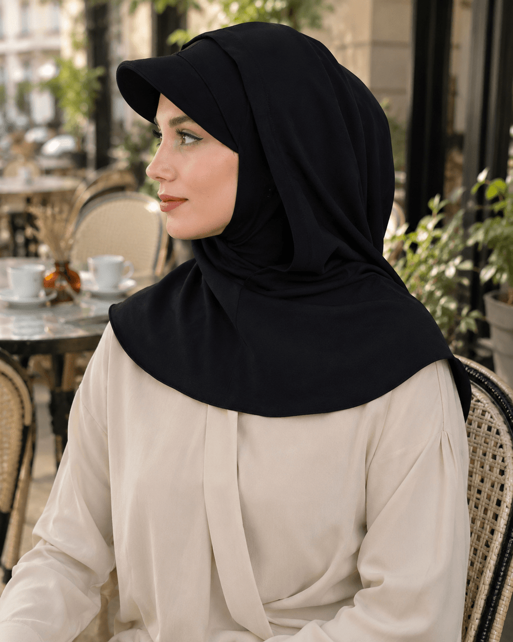 RY245 Black Full Coverage Hijab Cap with Visor – Modest Neck Cover - Raya