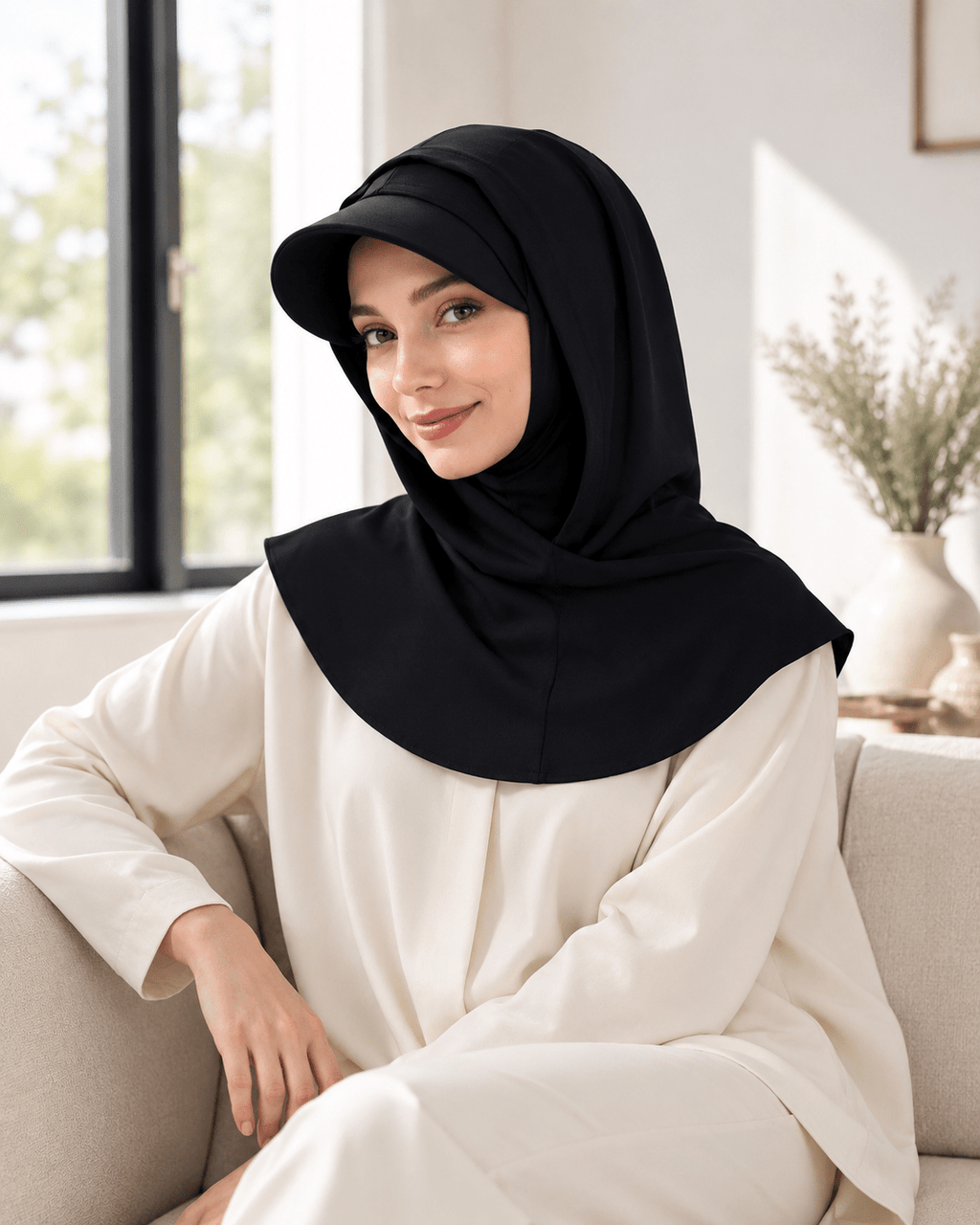 RY245 Black Full Coverage Hijab Cap with Visor – Modest Neck Cover - Raya