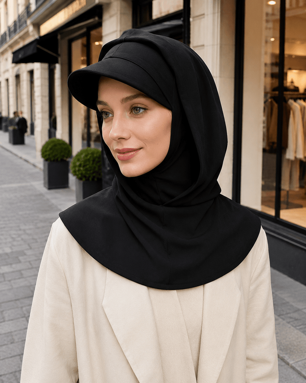 RY245 Black Full Coverage Hijab Cap with Visor – Modest Neck Cover - Raya