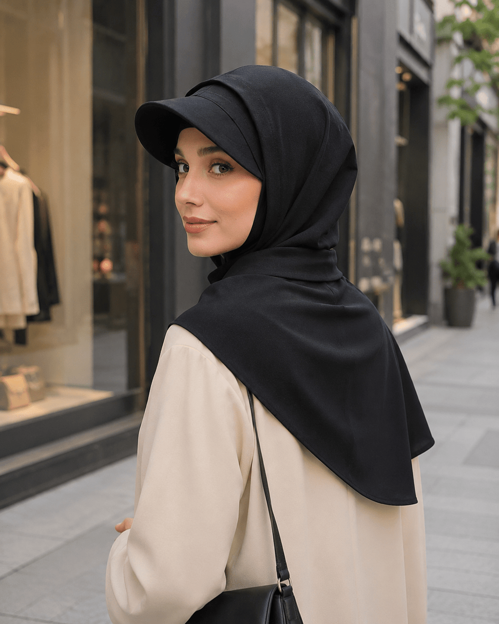 RY245 Black Full Coverage Hijab Cap with Visor – Modest Neck Cover - Raya