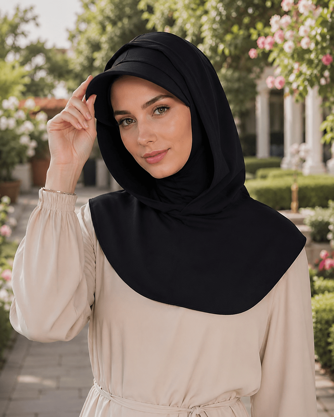 RY245 Black Full Coverage Hijab Cap with Visor – Modest Neck Cover - Raya
