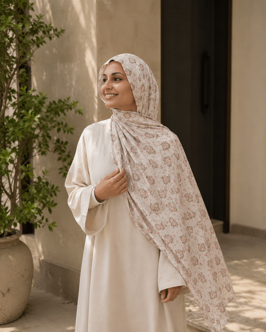 RY401 Ivory Rose Floral Printed Cotton Hijab – Soft Lightweight Scarf - Raya
