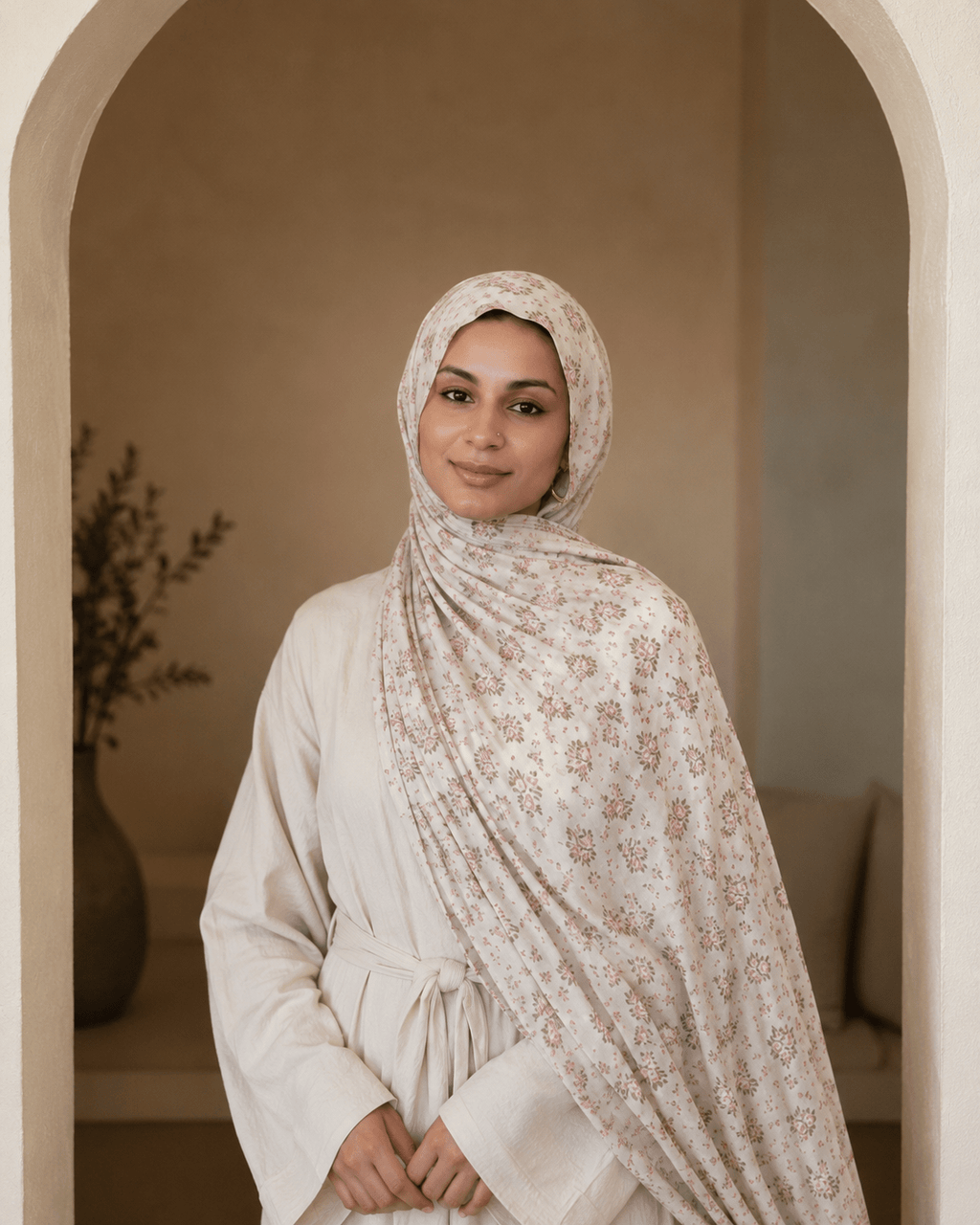 RY401 Ivory Rose Floral Printed Cotton Hijab – Soft Lightweight Scarf - Raya