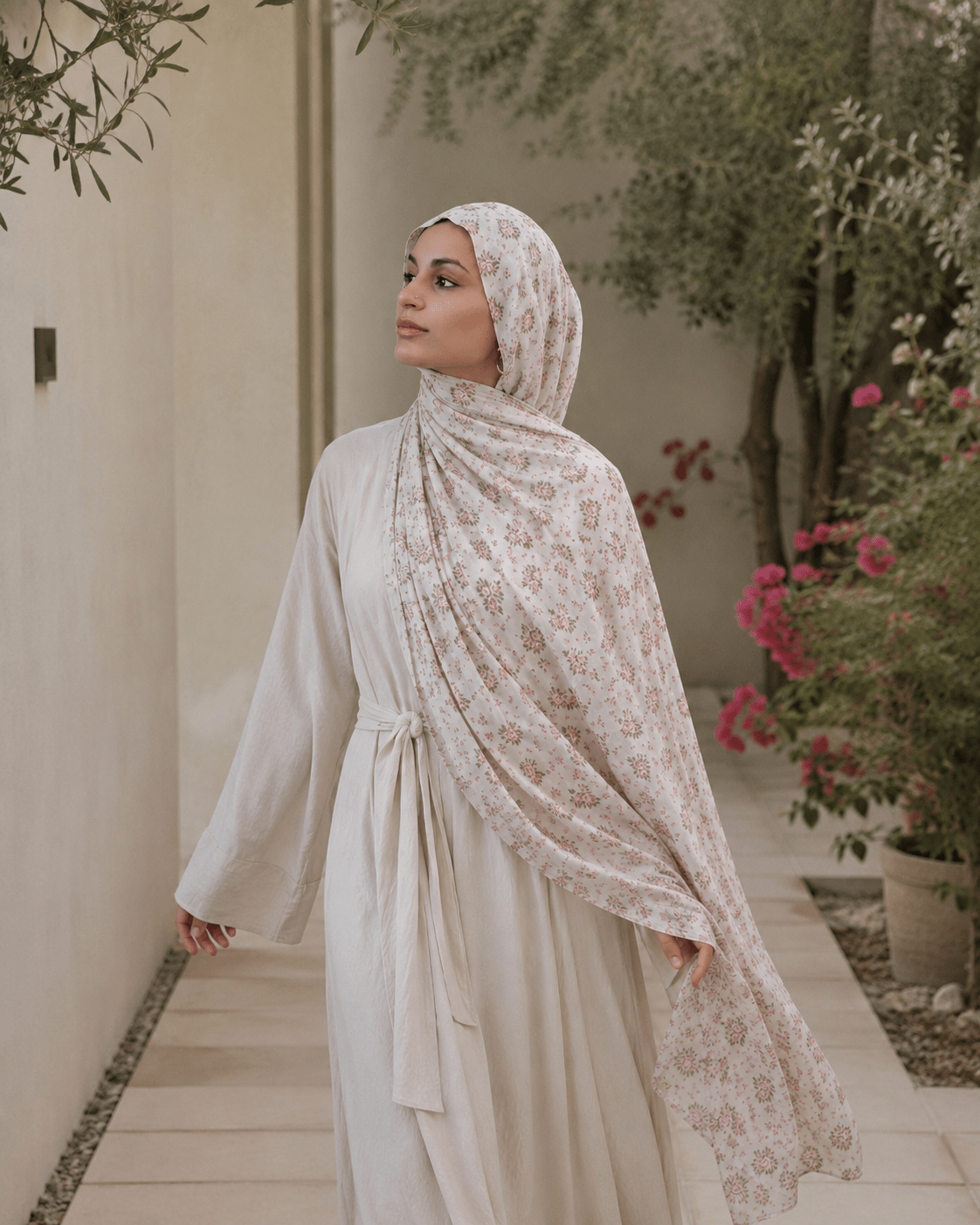RY401 Ivory Rose Floral Printed Cotton Hijab – Soft Lightweight Scarf - Raya