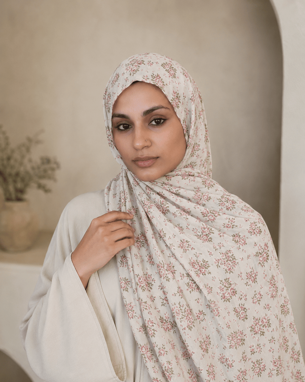 RY401 Ivory Rose Floral Printed Cotton Hijab – Soft Lightweight Scarf - Raya